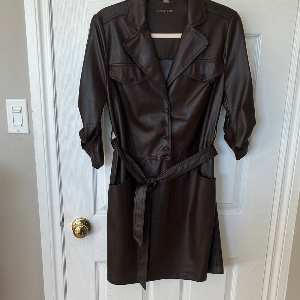 Calvin Klein Women's Vegan Leather Dark Chocolate Dress Size 4 NWOT Cruelty Free